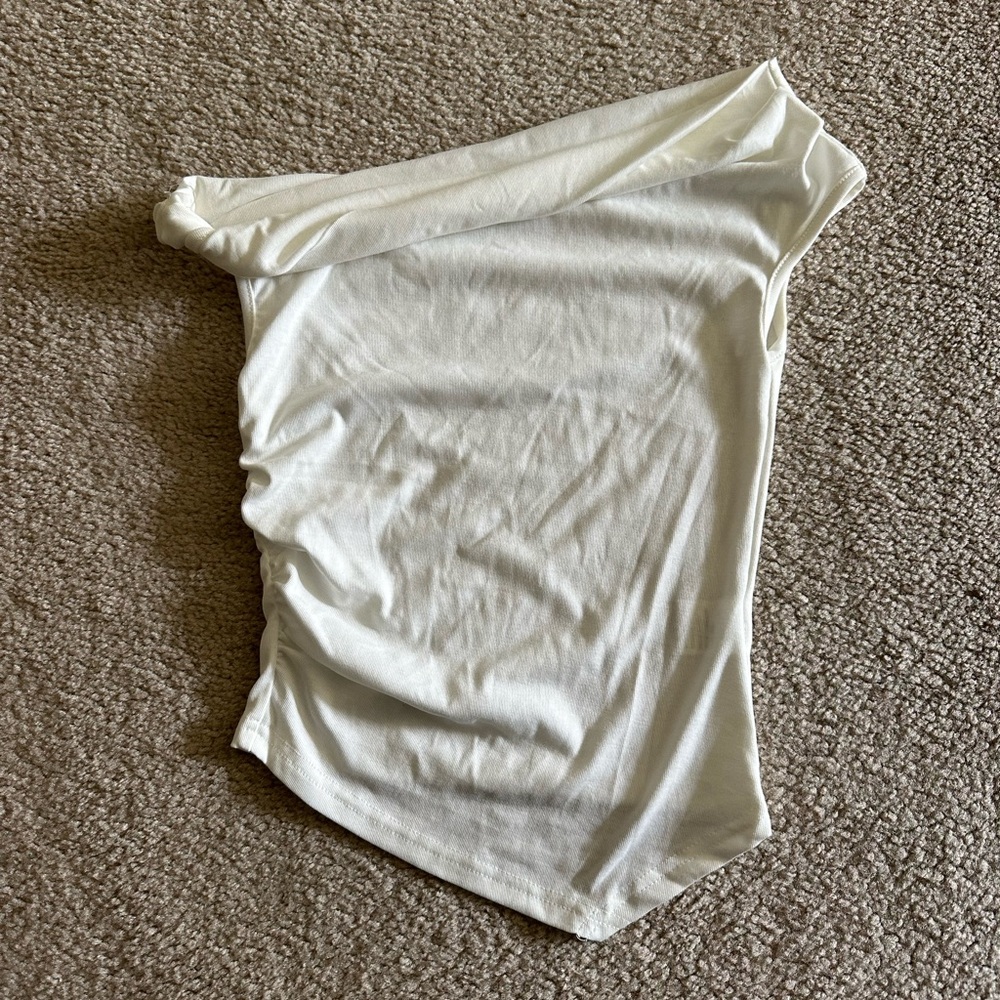 White Asymmetrical Ruched Sleeveless Bodysuit